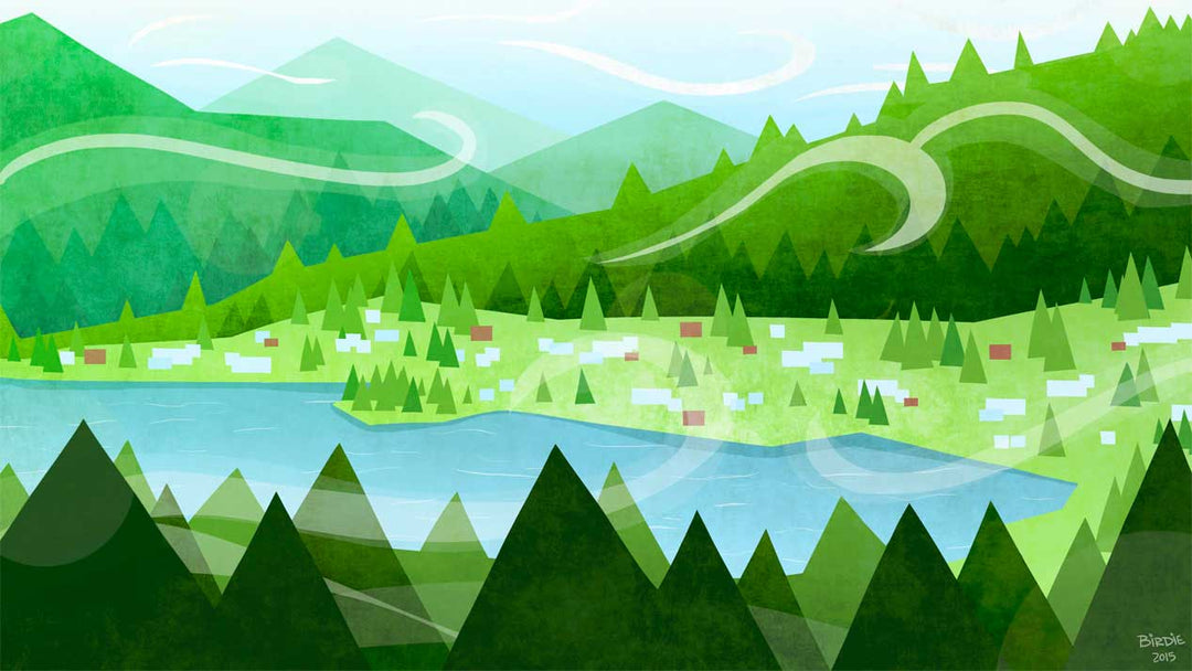 Illustration of town nested in rolling hillside