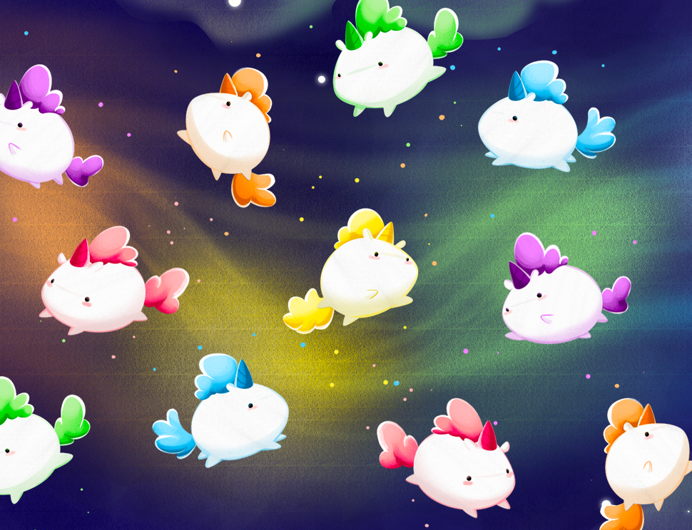 Cute fat rainbow unicorns jumping around in space