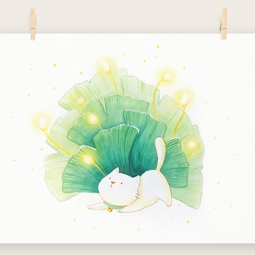 Art print of cat with ginko leaves
