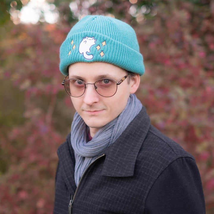 Beanie (short & small) - Luna cat, teal