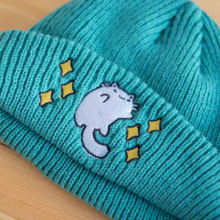 Beanie (short & small) - Luna cat, teal