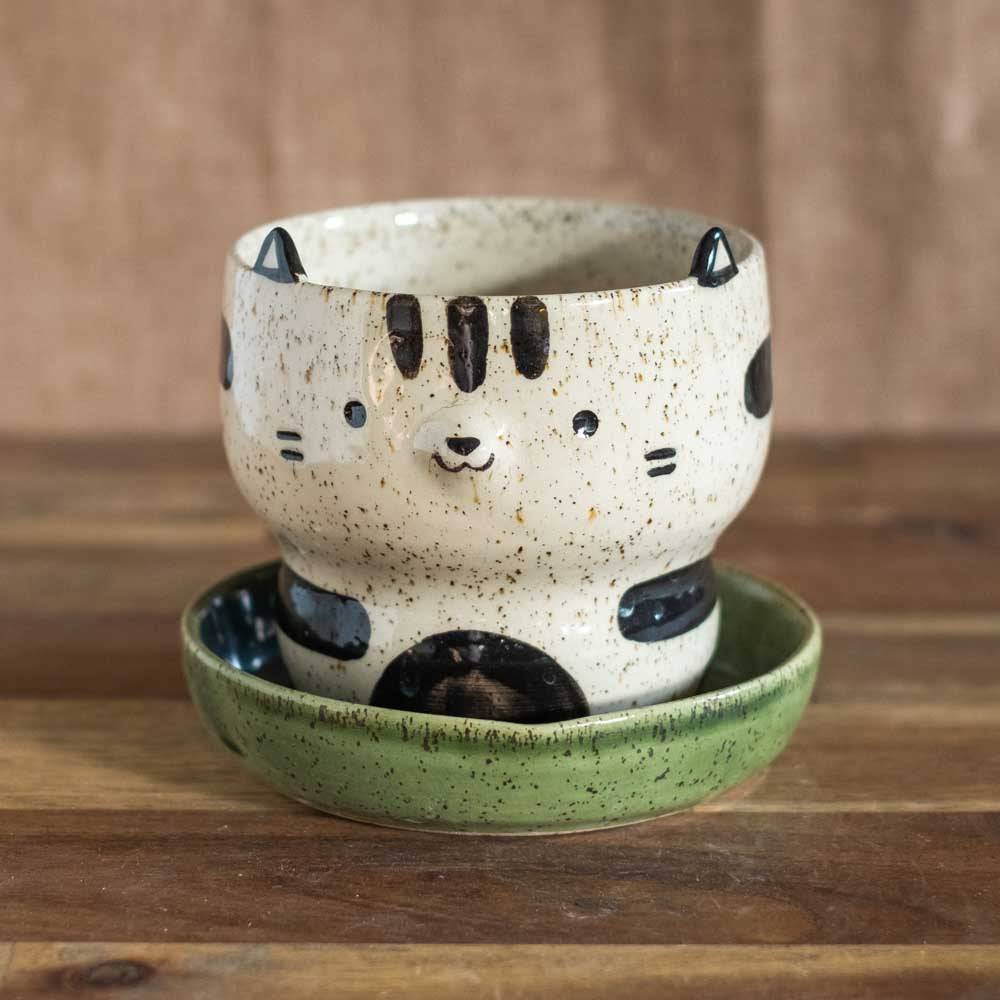 Planter with dish, small - Striped cat no. 68