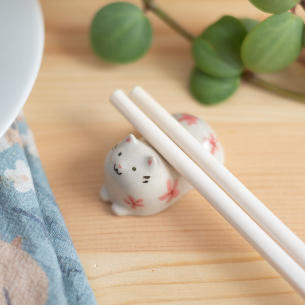 Chopstick rest - Cat, pink flowers