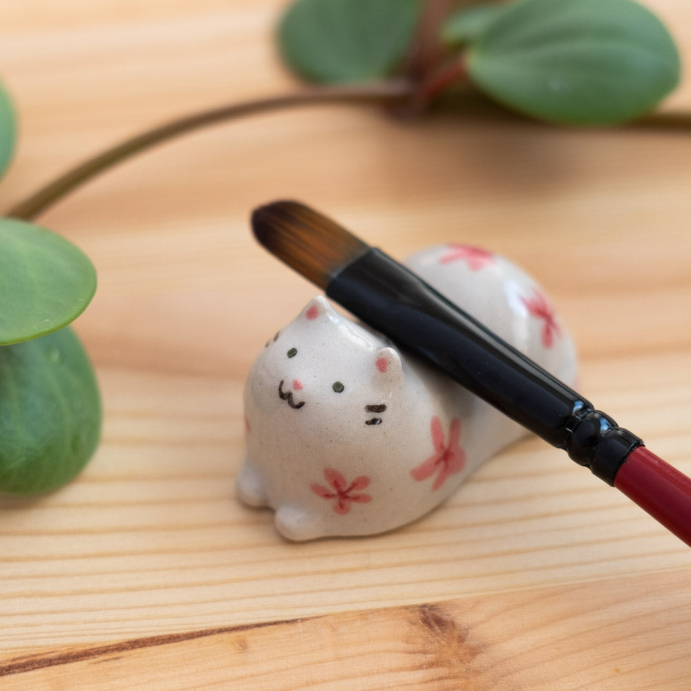 Chopstick rest - Cat, pink flowers