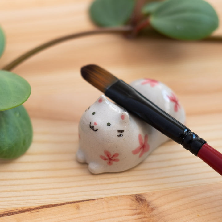 Chopstick rest - Cat, pink flowers
