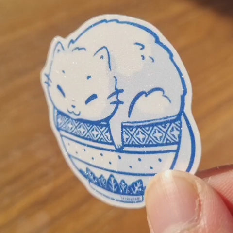 Vinyl sticker (sparkly matte) - Rice bowl cat