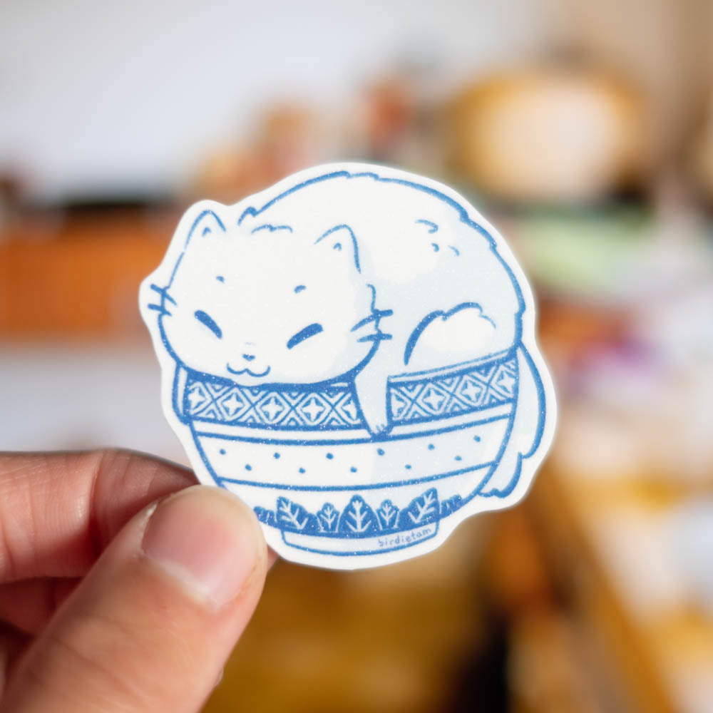 Vinyl sticker (sparkly matte) - Rice bowl cat