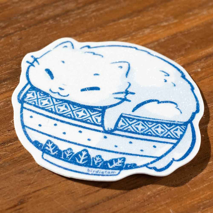 Vinyl sticker (sparkly matte) - Rice bowl cat