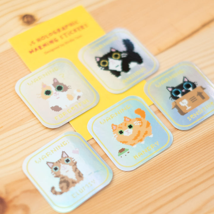Vinyl sticker (holographic, set of 5) - Warning cats
