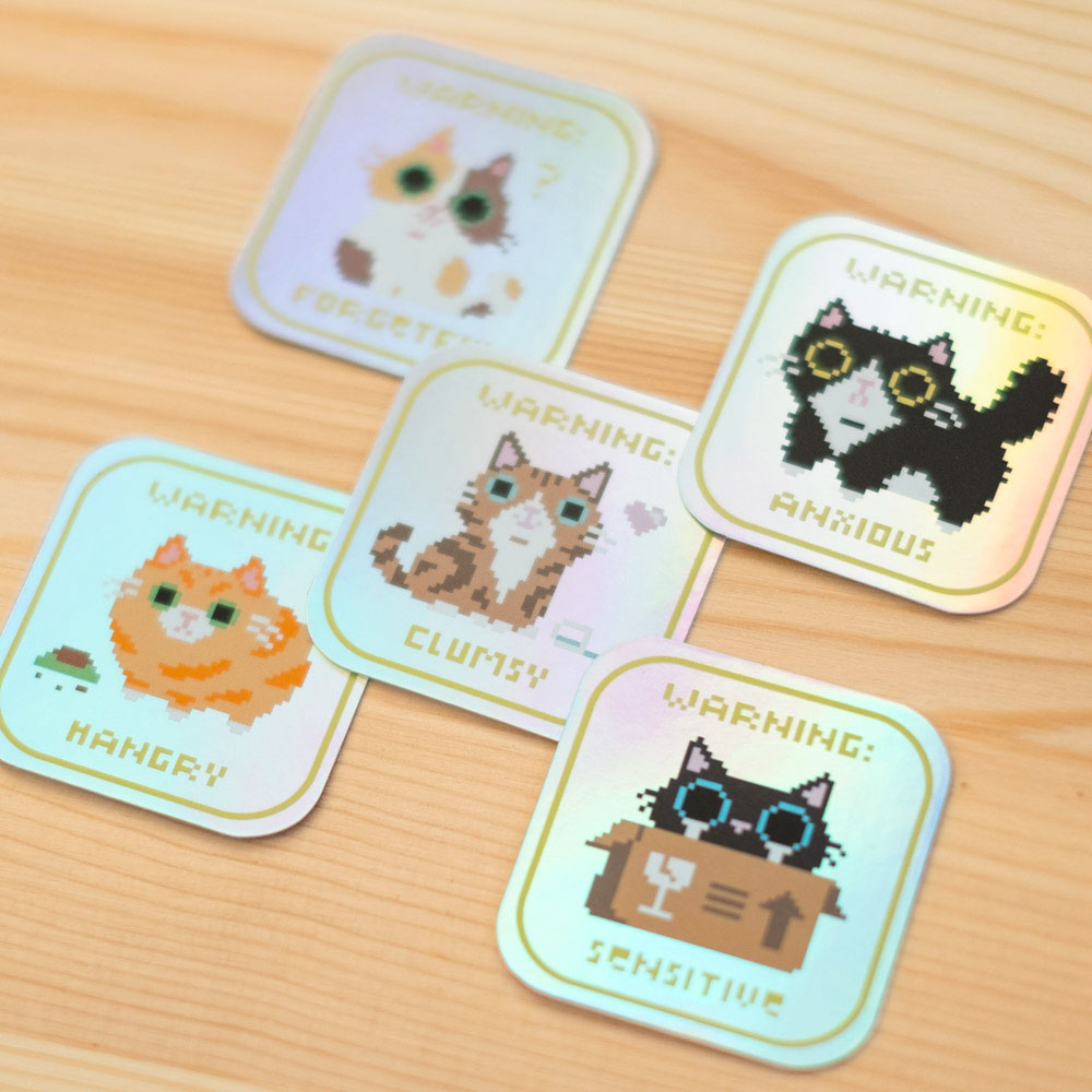 Vinyl sticker (holographic, set of 5) - Warning cats