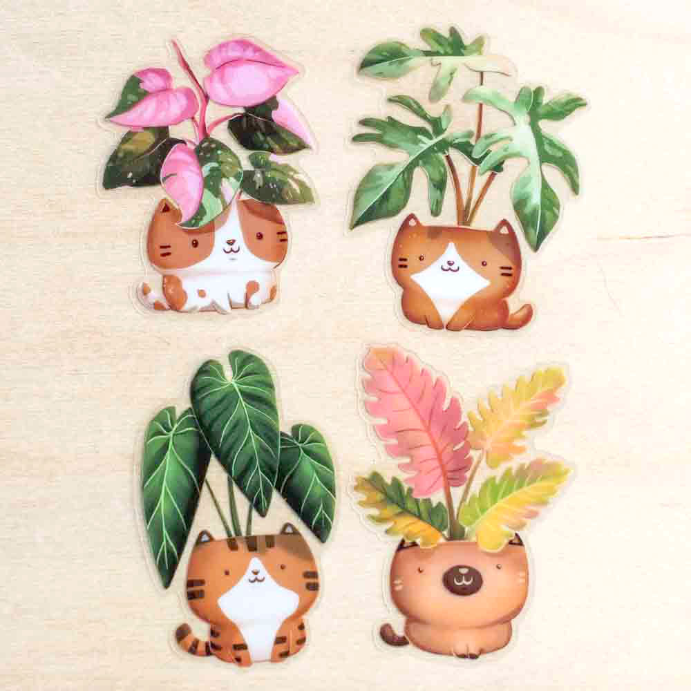 Vinyl sticker (transparent) - Set of 4 rare kitty plants