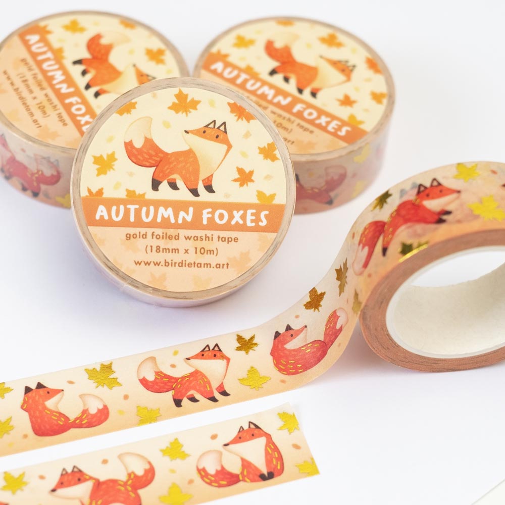 Washi tape (gold foil) - Frolicking foxes