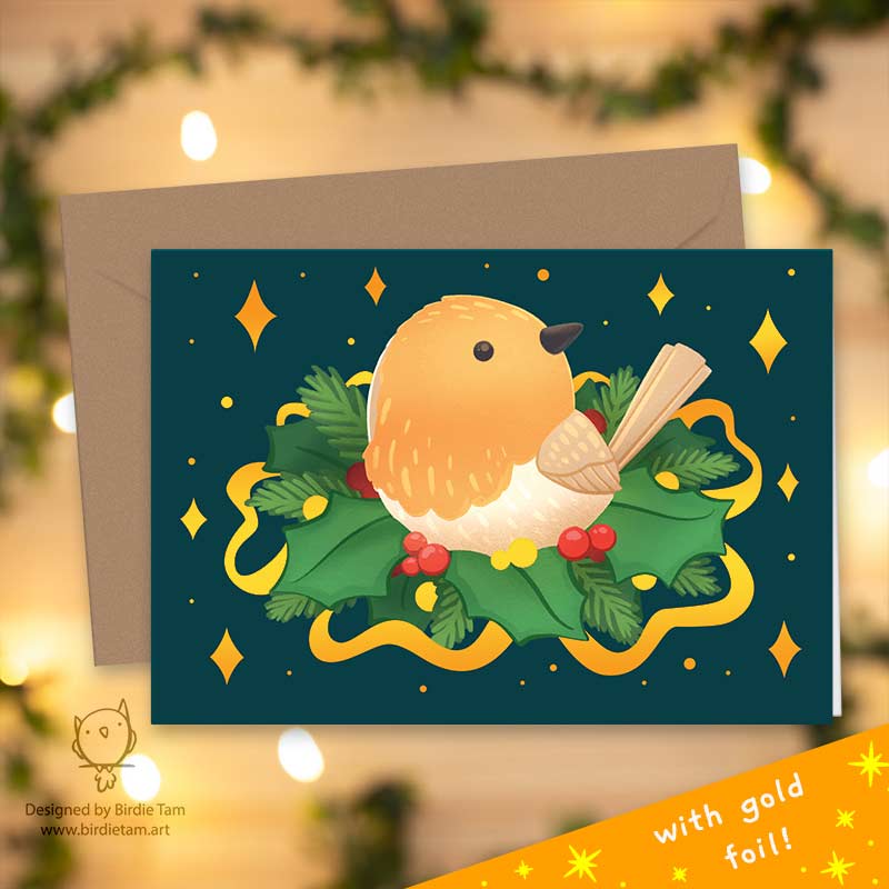 Greeting card (gold foiled) - Little robin